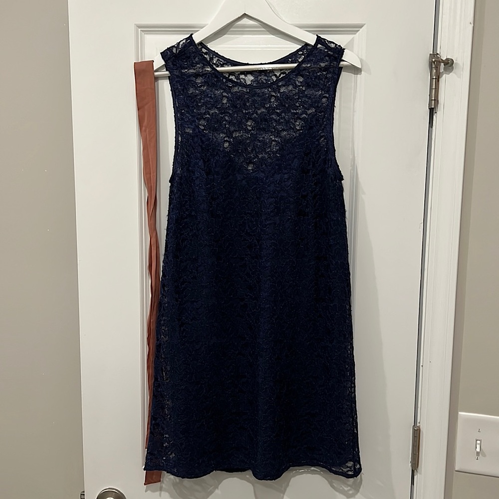 Urban Outfitters Large Navy Blue Lace Slip Dress with Mauve Fabric Belt